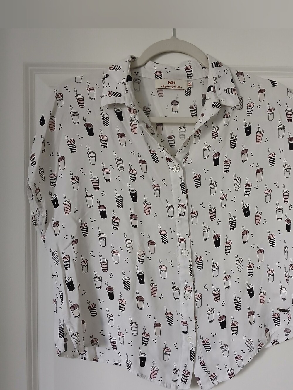 Cream Button-Up Shirt with Coffee Cup Print